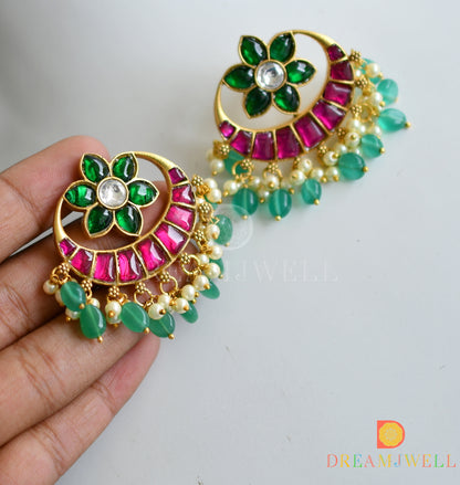 Gold tone flower pink-green-white kundan jadau necklace set dj-37679