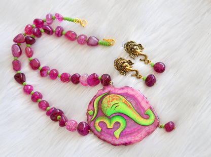 Hand painted Ganesha sliced agate pendant with pink-green onyx beads necklace set dj-39919