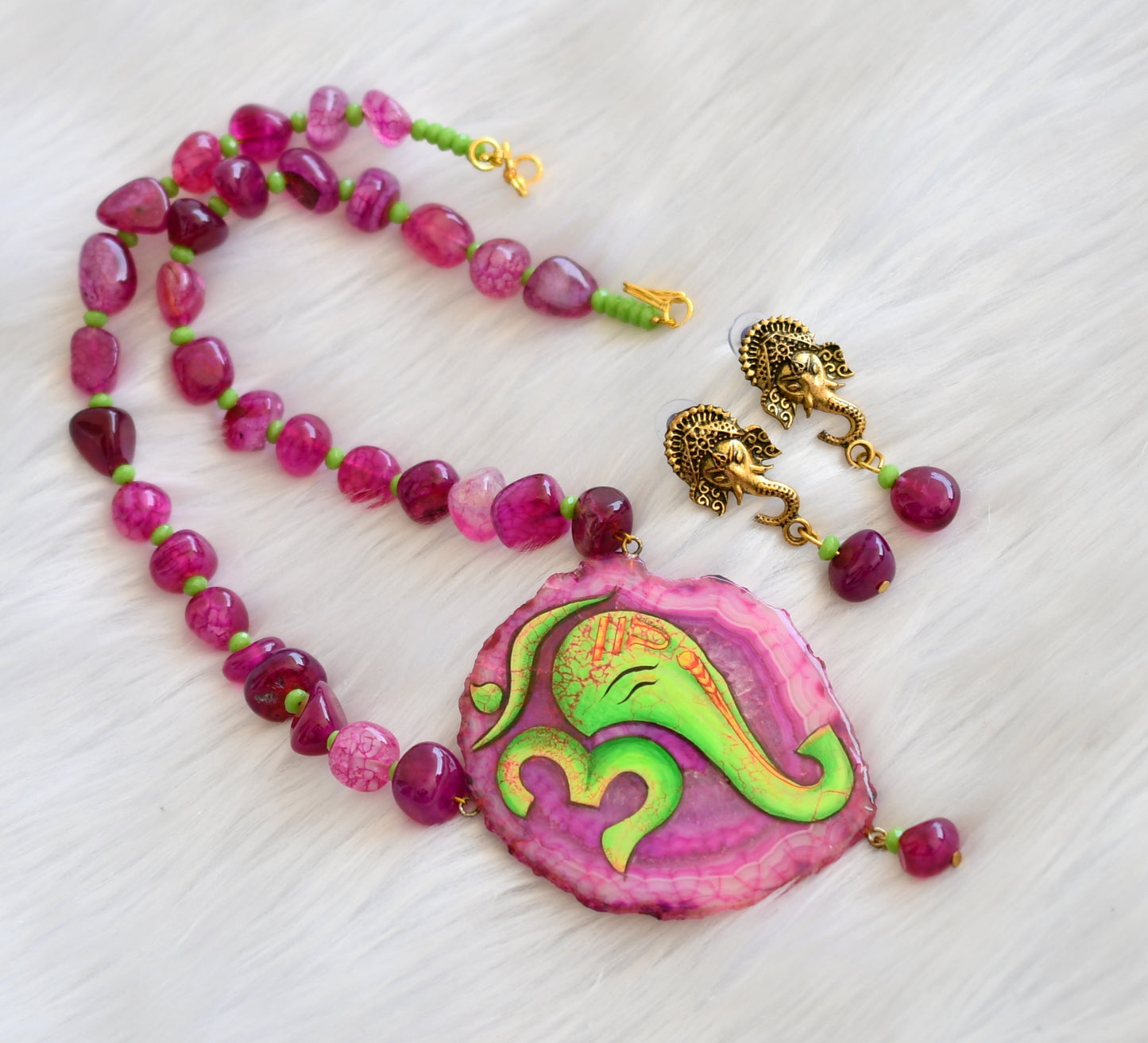 Hand painted Ganesha sliced agate pendant with pink-green onyx beads necklace set dj-39919