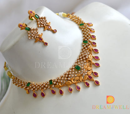 Matte finish Cz ruby-emerald Leaf necklace set dj-38509