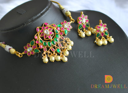 Gold tone pink-green-white kundan jadau choker necklace set dj-37678