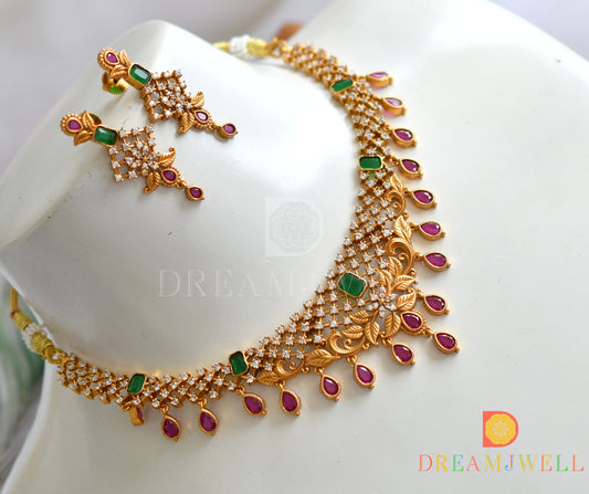 Matte finish Cz ruby-emerald Leaf necklace set dj-38509