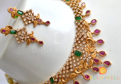 Matte finish Cz ruby-emerald Leaf necklace set dj-38509