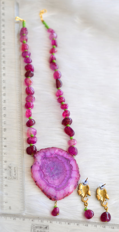 Hand painted Ganesha sliced agate pendant with pink-green onyx beads necklace set dj-39919