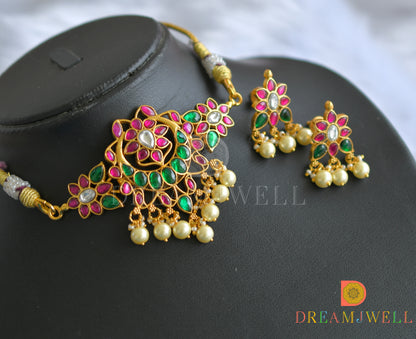 Gold tone pink-green-white kundan jadau choker necklace set dj-37678