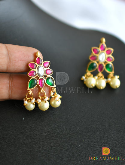 Gold tone pink-green-white kundan jadau choker necklace set dj-37678