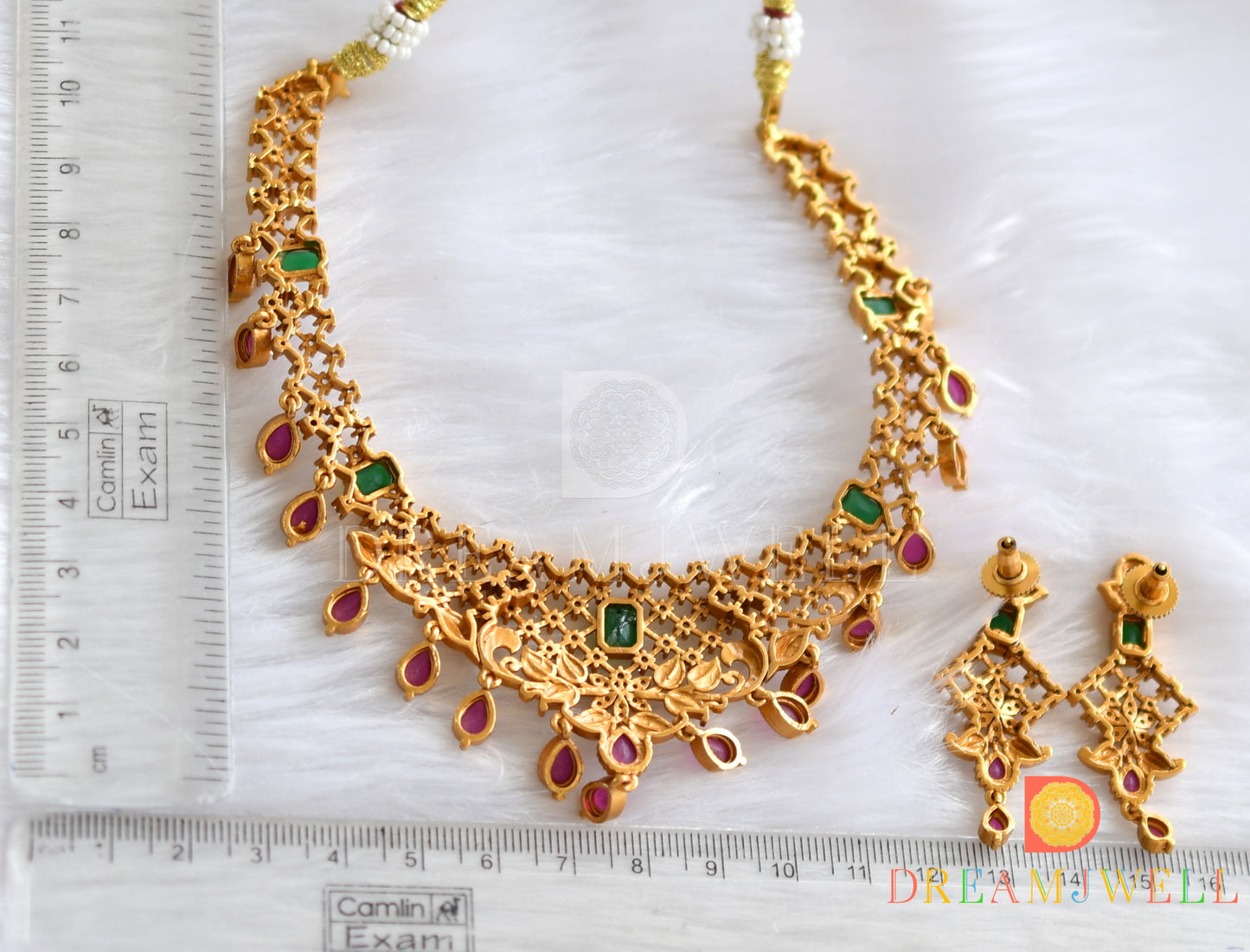 Matte finish Cz ruby-emerald Leaf necklace set dj-38509