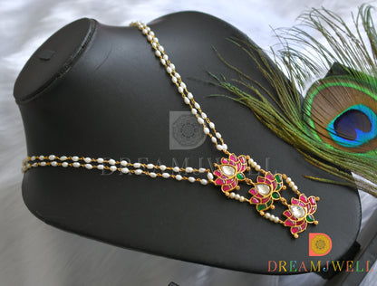 Gold tone pink-green-white kunan jadau Lotus rice pearl haar dj-37684