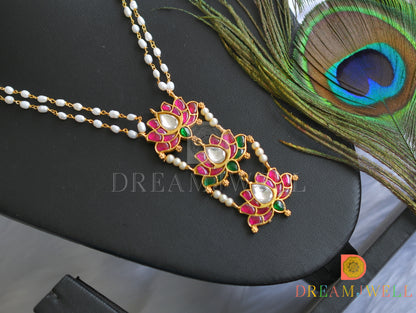 Gold tone pink-green-white kunan jadau Lotus rice pearl haar dj-37684