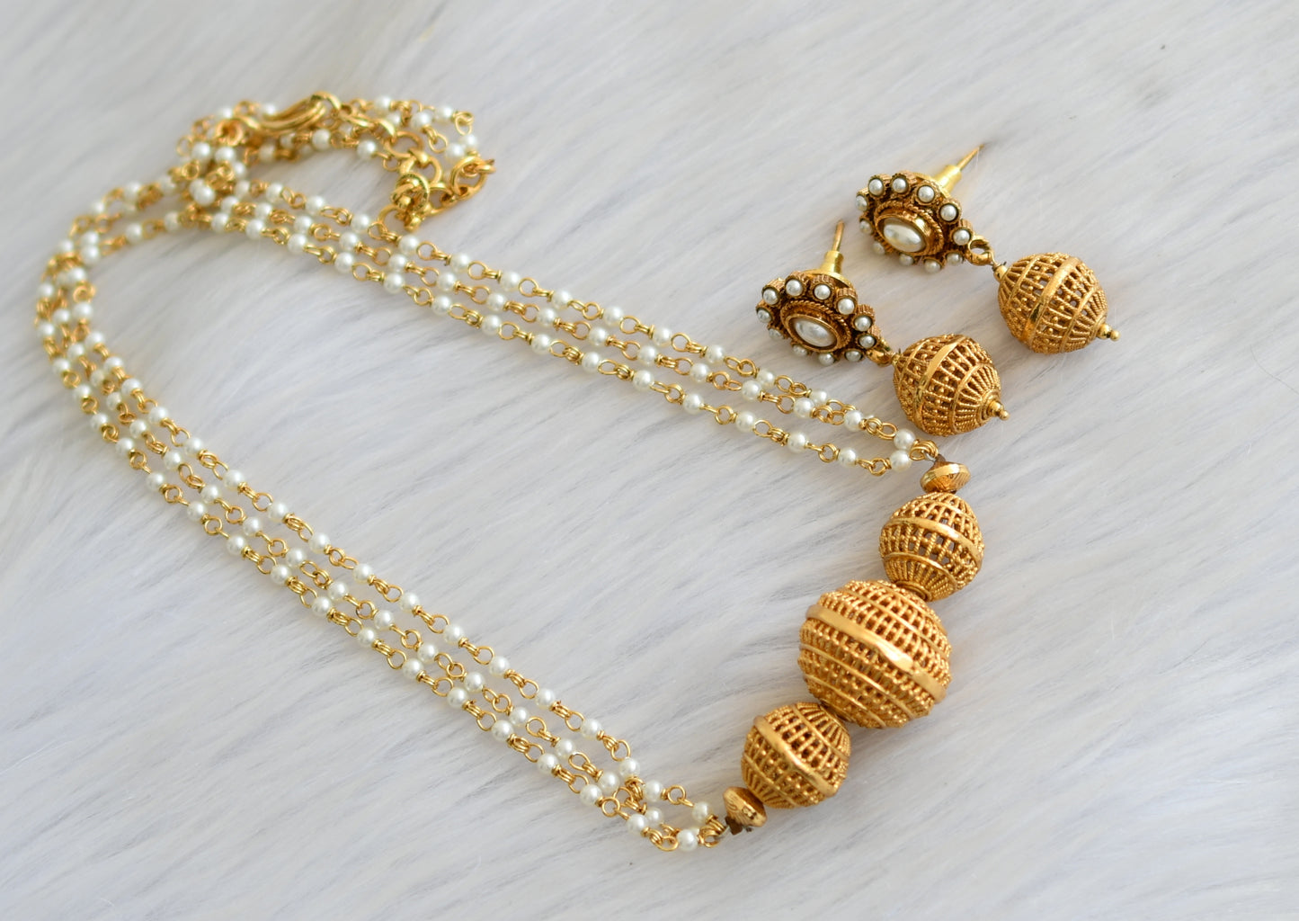 Antique gold tone pearl beaded necklace set dj-05175