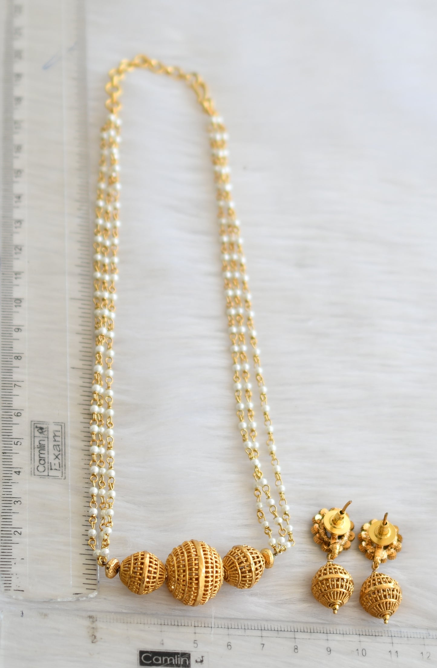 Antique gold tone pearl beaded necklace set dj-05175