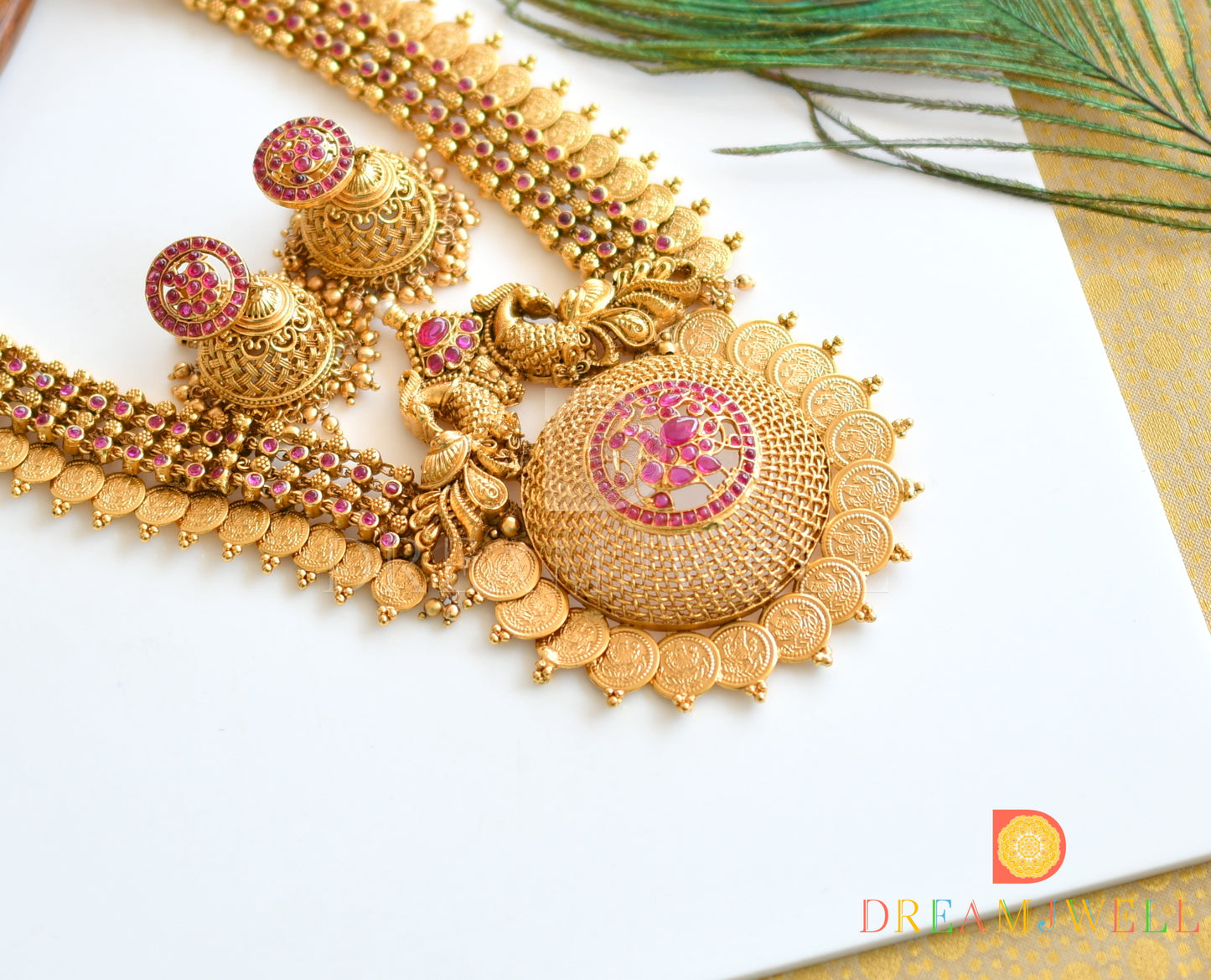 Matte finish kemp peacock- Lakshmi coin haar set dj-36194