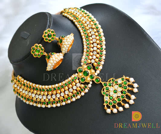 Gold tone green temple necklace set dj-10599