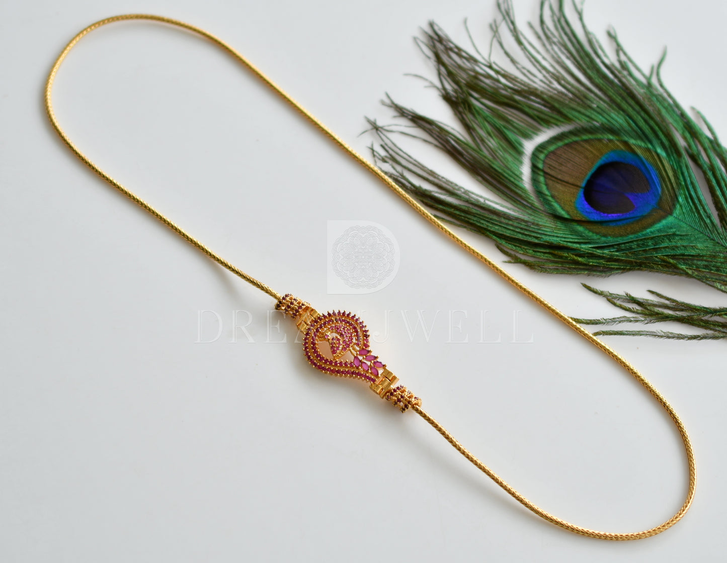 Gold tone Ruby Peacock Designer Mugappu Chain dj-24230