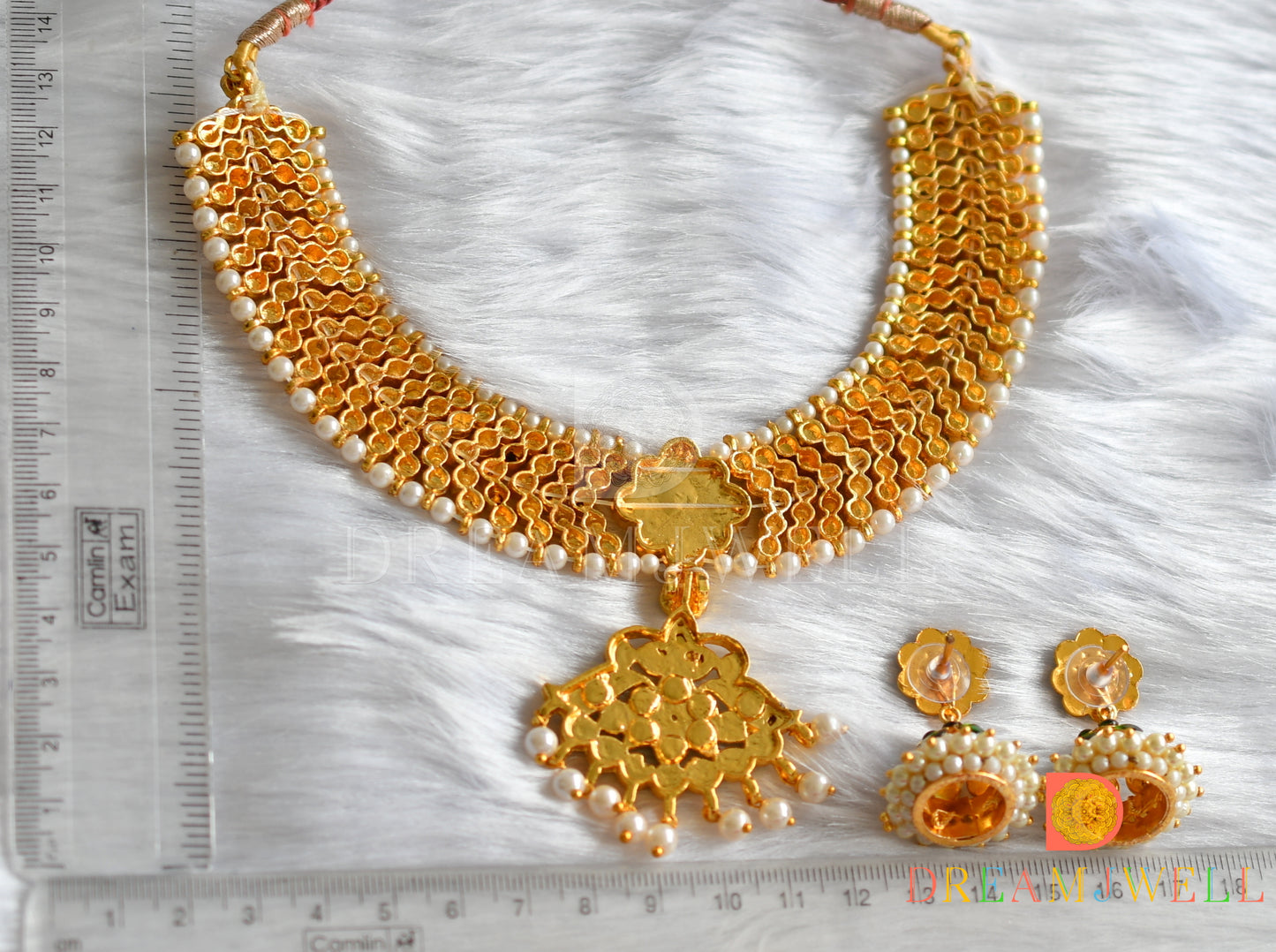 Gold tone green temple necklace set dj-10599