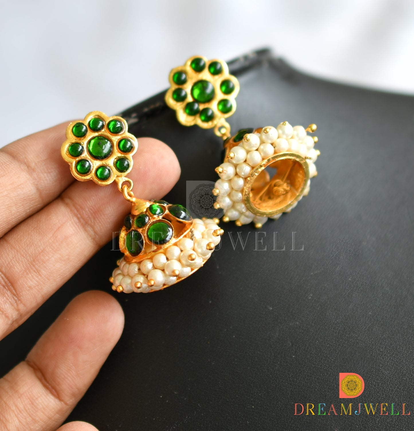 Gold tone green rudra balls pearl designer necklace set dj-34559