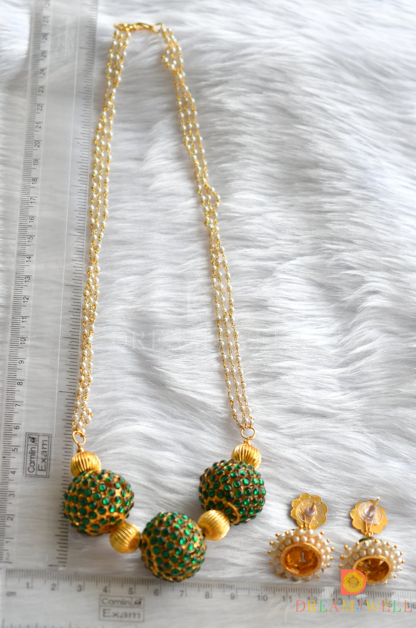 Gold tone green rudra balls pearl designer necklace set dj-34559