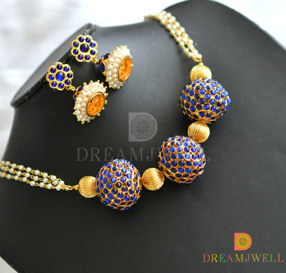 Gold tone blue rudhra ball pearl necklace set dj-34558