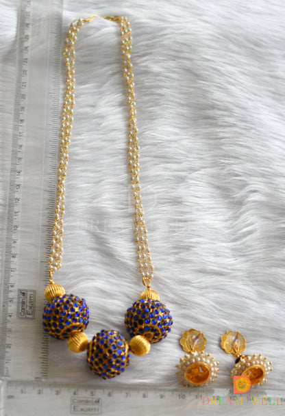 Gold tone blue rudhra ball pearl necklace set dj-34558