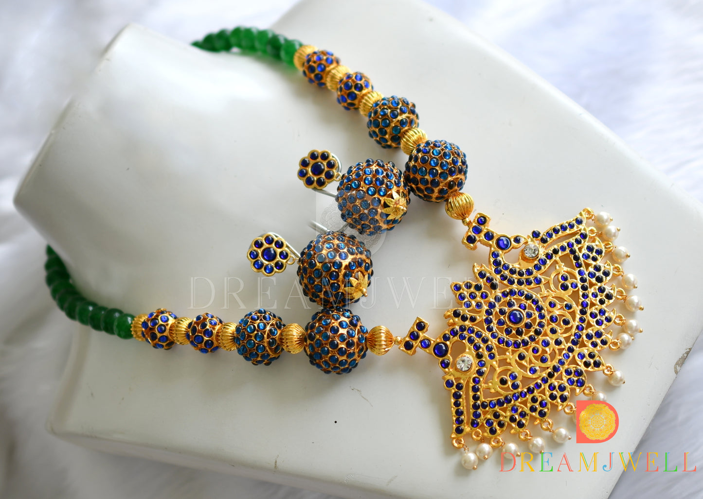 Gold tone green-blue Rudhra balls pearl necklace set dj-20258