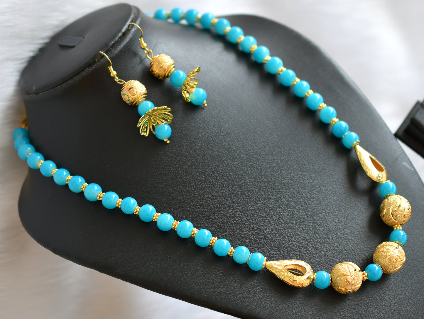 Gold tone sky blue beads handmade necklace set dj-19782