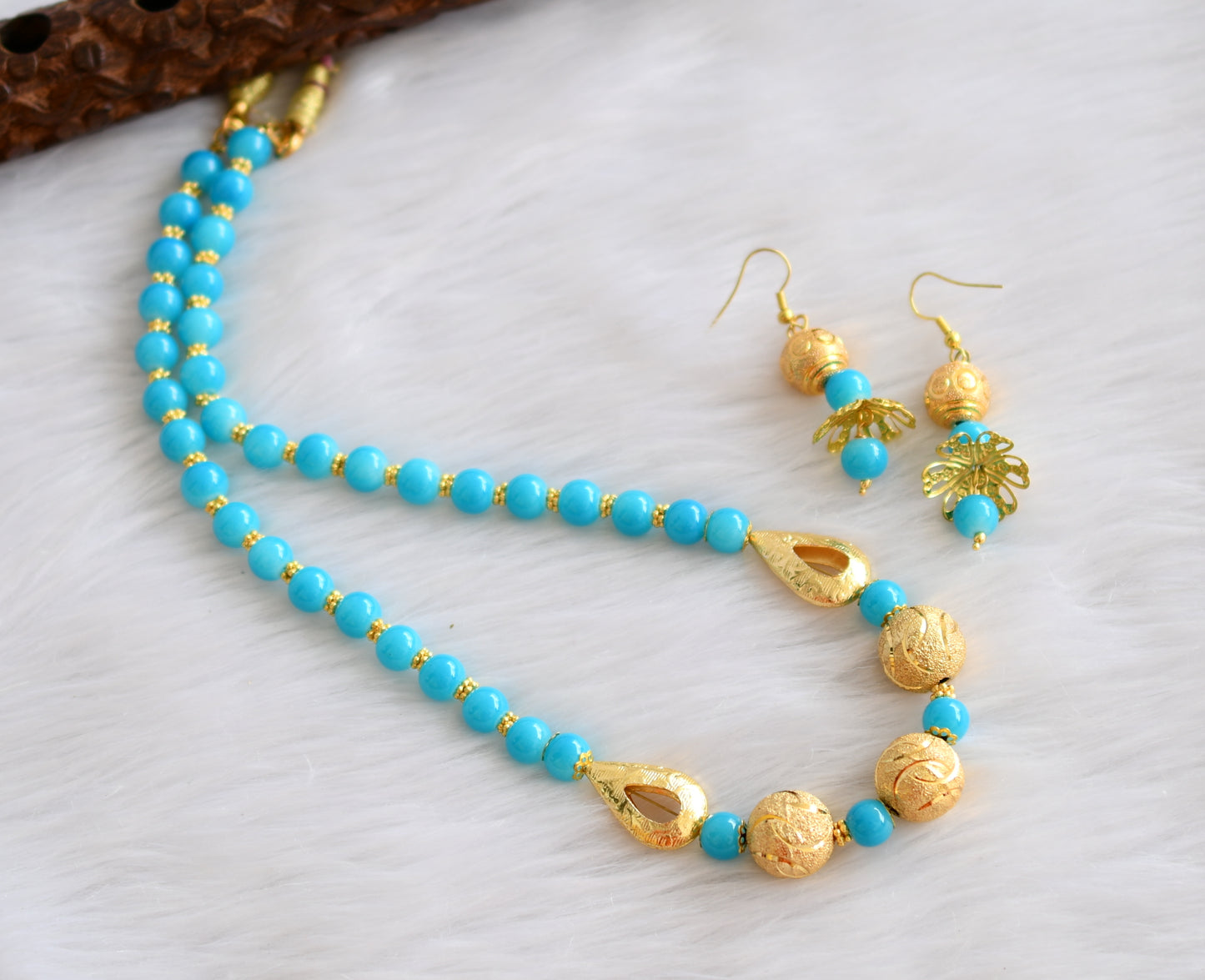 Gold tone sky blue beads handmade necklace set dj-19782