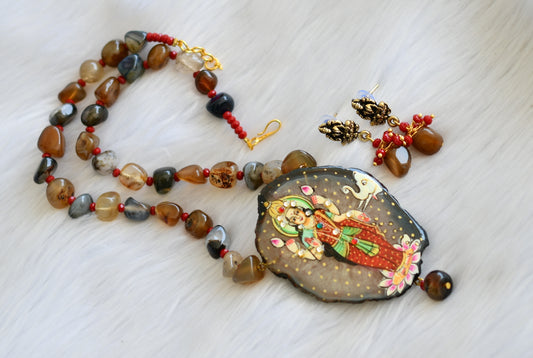 Hand painted Lakshmi sliced agate pendant with brown-black-white onyx beads necklace set dj-39928