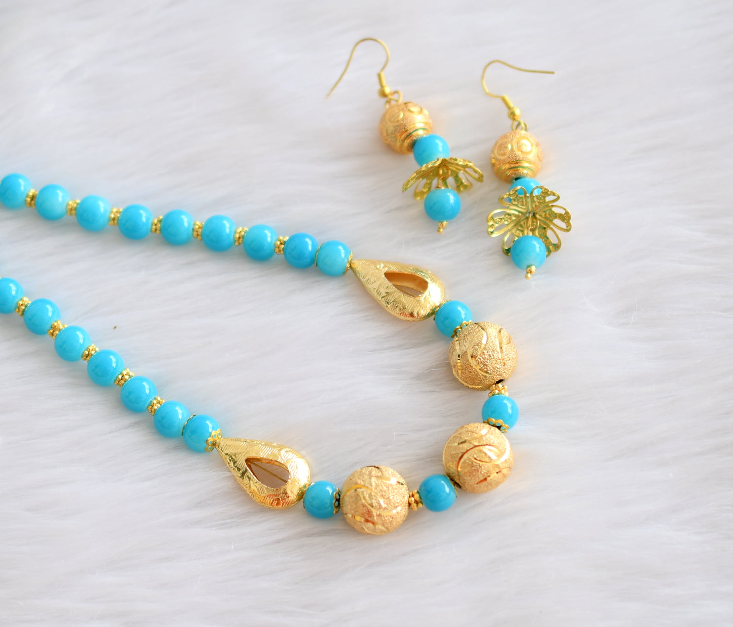 Gold tone sky blue beads handmade necklace set dj-19782