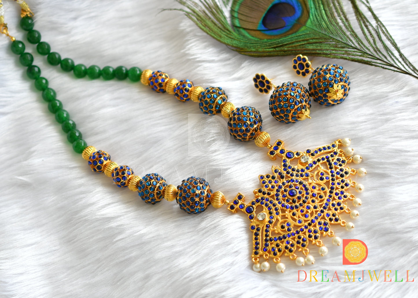 Gold tone green-blue Rudhra balls pearl necklace set dj-20258