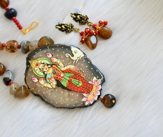 Hand painted Lakshmi sliced agate pendant with brown-black-white onyx beads necklace set dj-39928