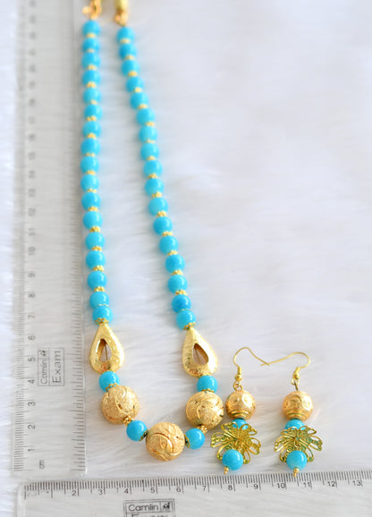 Gold tone sky blue beads handmade necklace set dj-19782