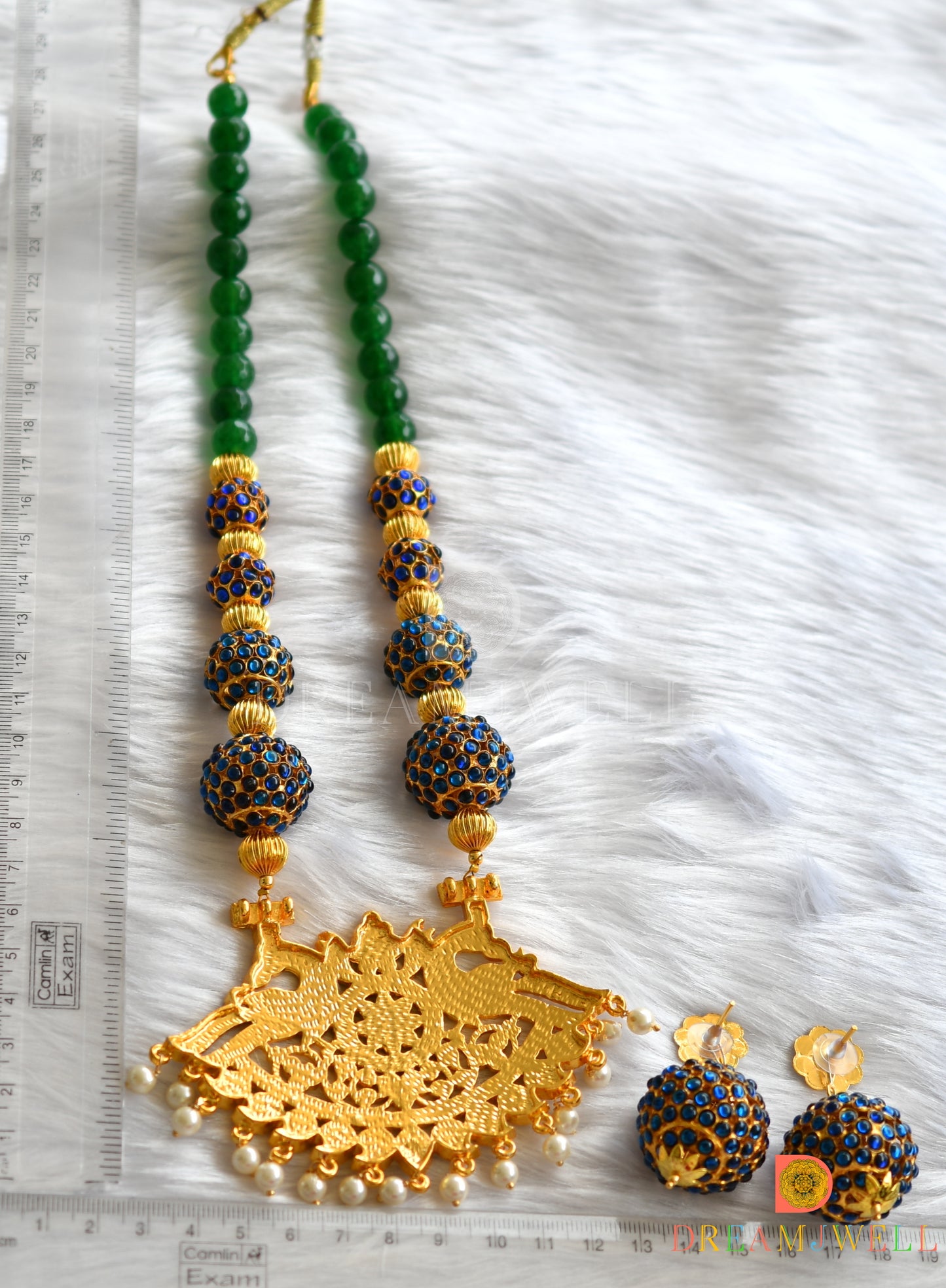 Gold tone green-blue Rudhra balls pearl necklace set dj-20258