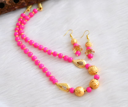Gold tone pink beads handmade necklace set dj-19781