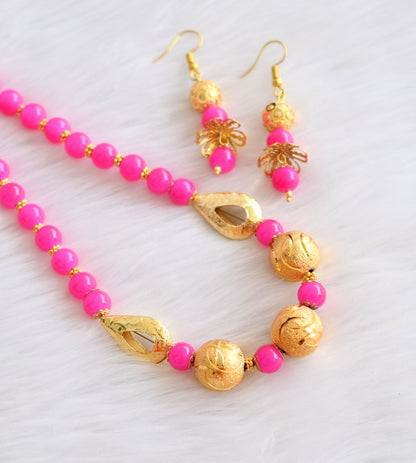 Gold tone pink beads handmade necklace set dj-19781