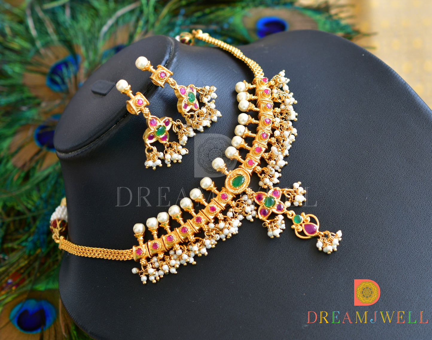 Gold tone Gutta pusalu Ruby-emerald Necklace Set dj-09982