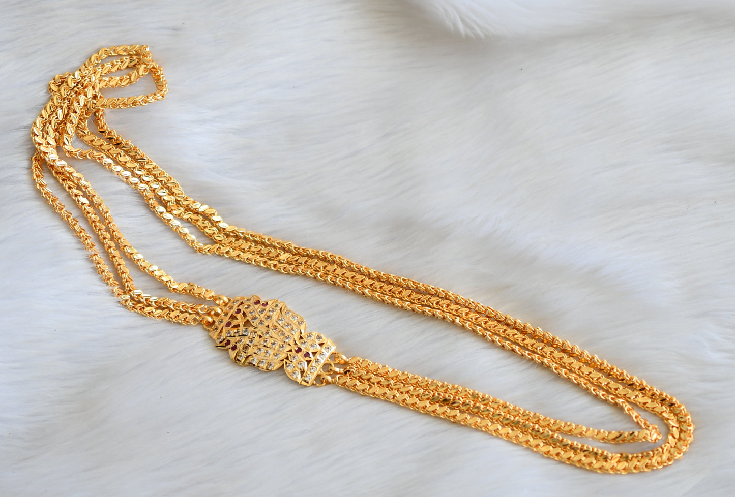 Gold tone ruby-white swan lotus multi layer mugappu chain dj-40162