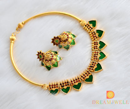 Gold plated kemp-green palakka necklace set dj-15926