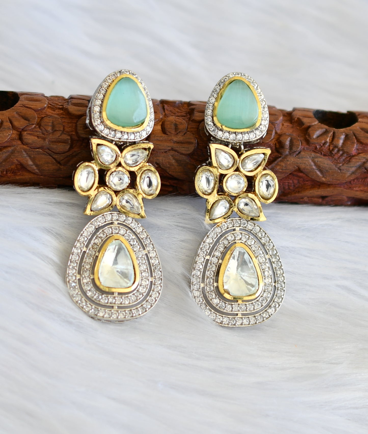 Two tone cz white-sea green pink Kundan earrings dj-39958