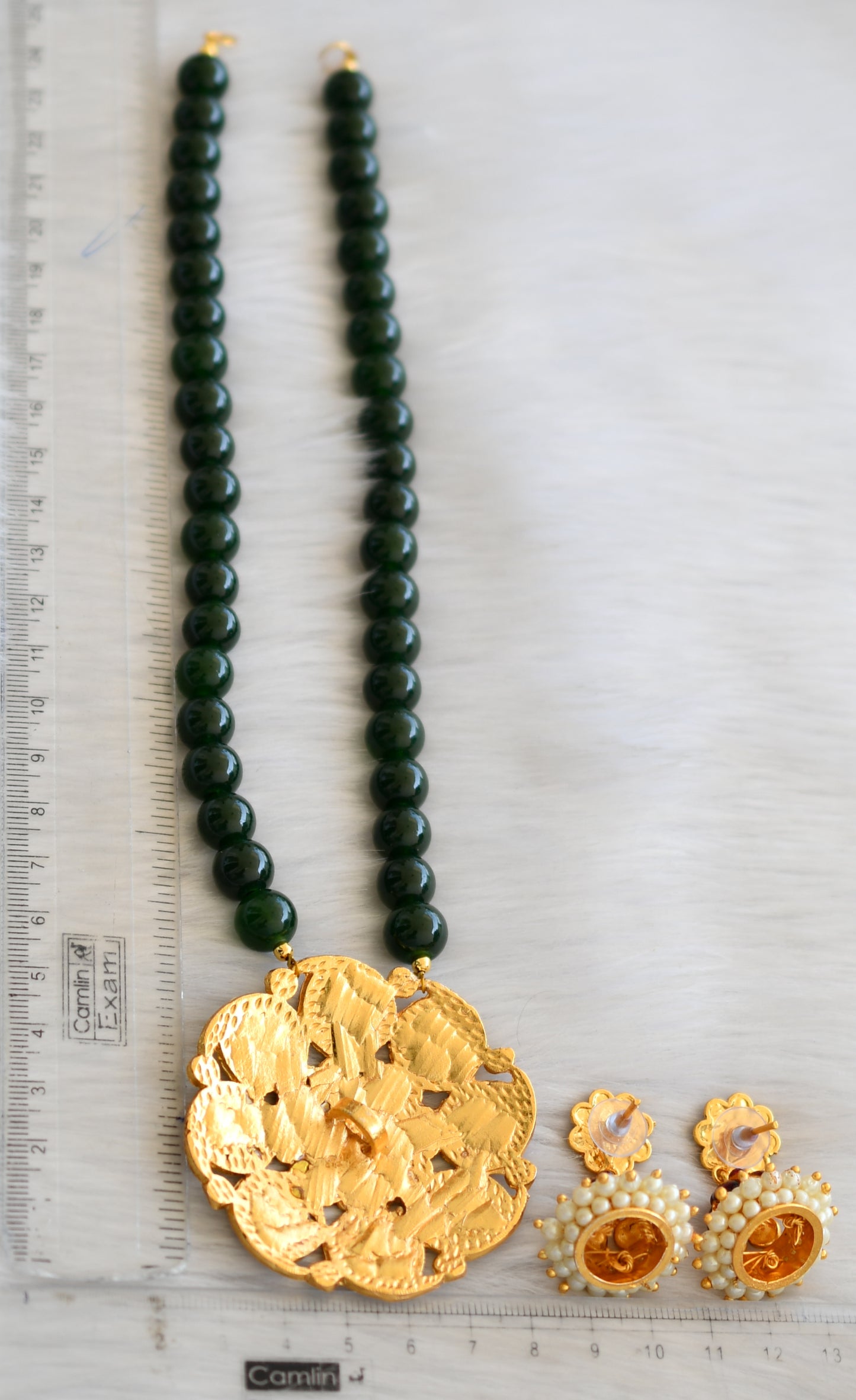Gold tone kemp-Green beaded Mango temple necklace set dj-14998