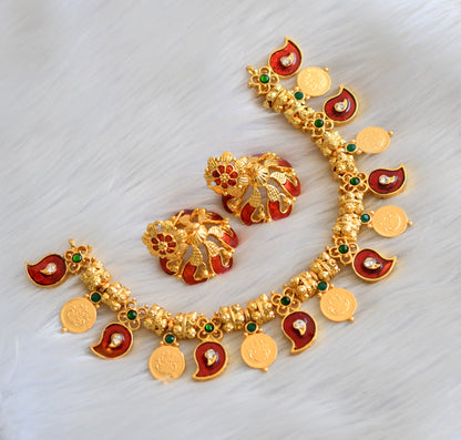 Gold tone handmade mango red palakka necklace set dj-05058