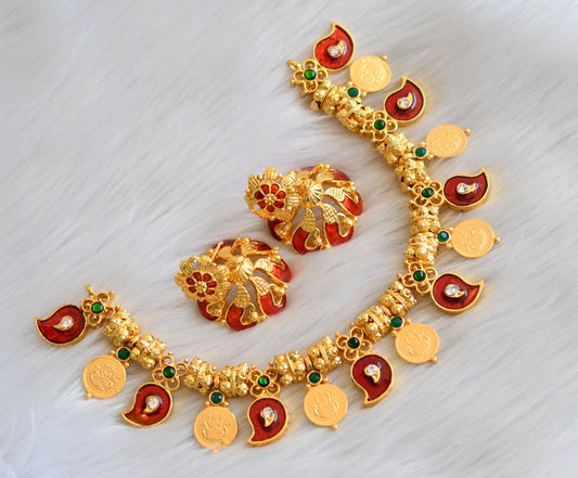 Gold tone handmade mango red palakka necklace set dj-05058