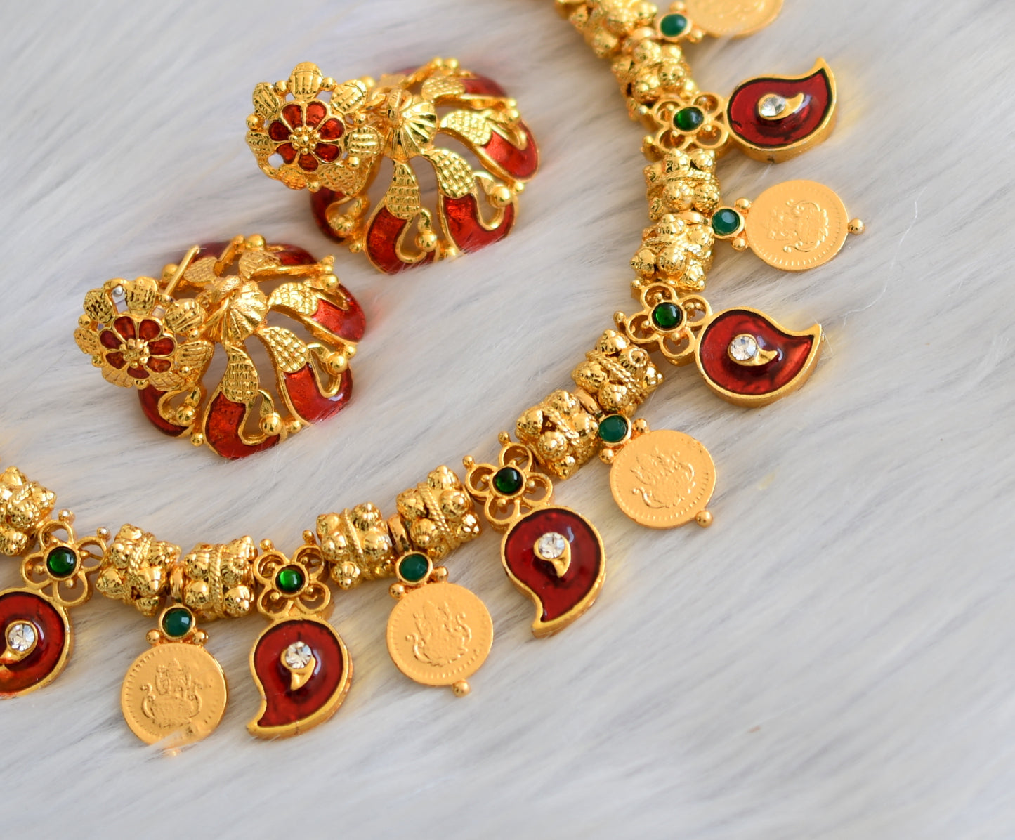 Gold tone handmade mango red palakka necklace set dj-05058