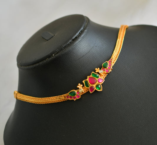 Gold tone pink-green-white kundan jadau Lotus-bird choker necklace dj-38754