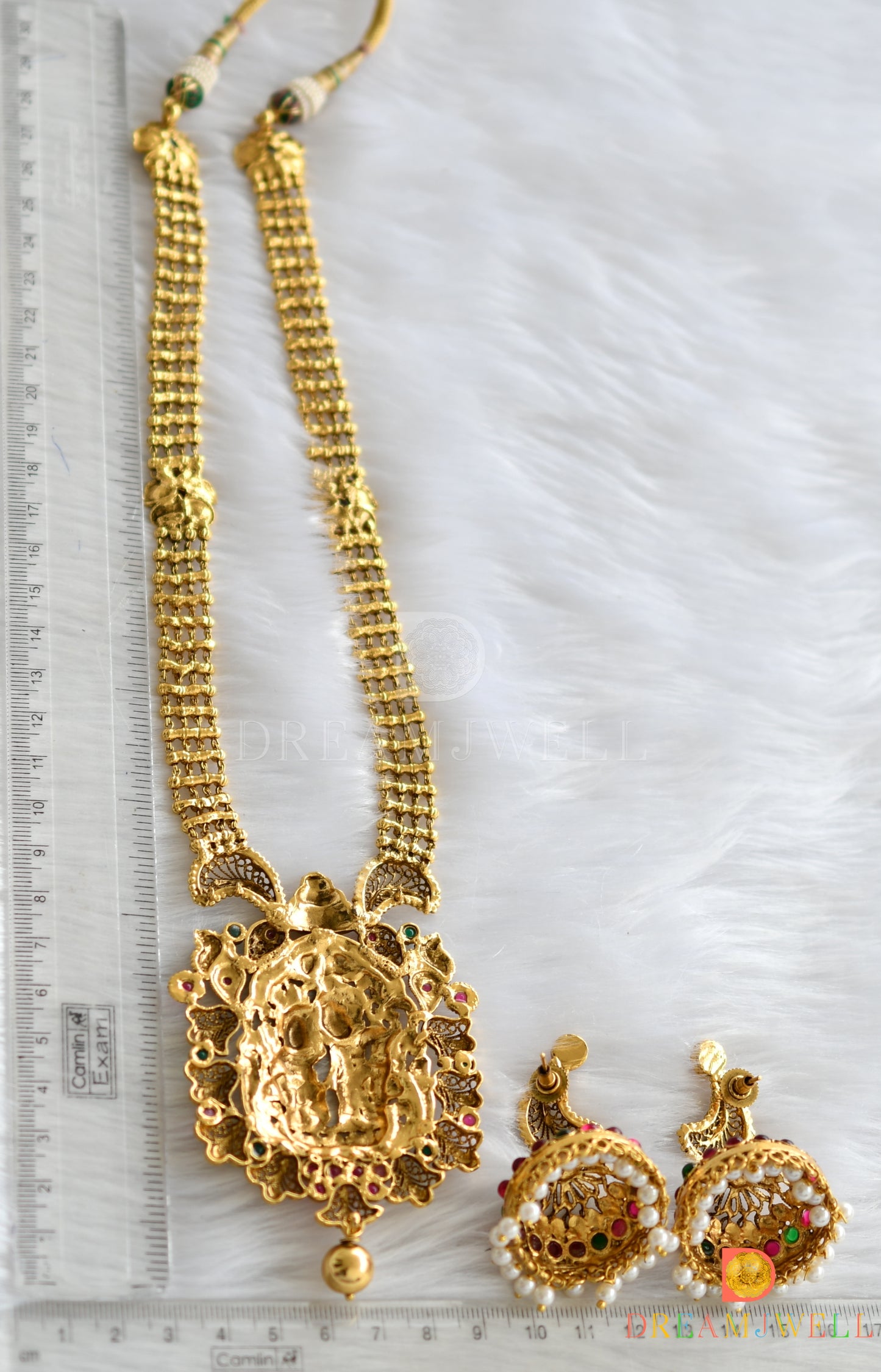 Antique gold tone kemp-green Radhe-Krishna haar set dj-22181