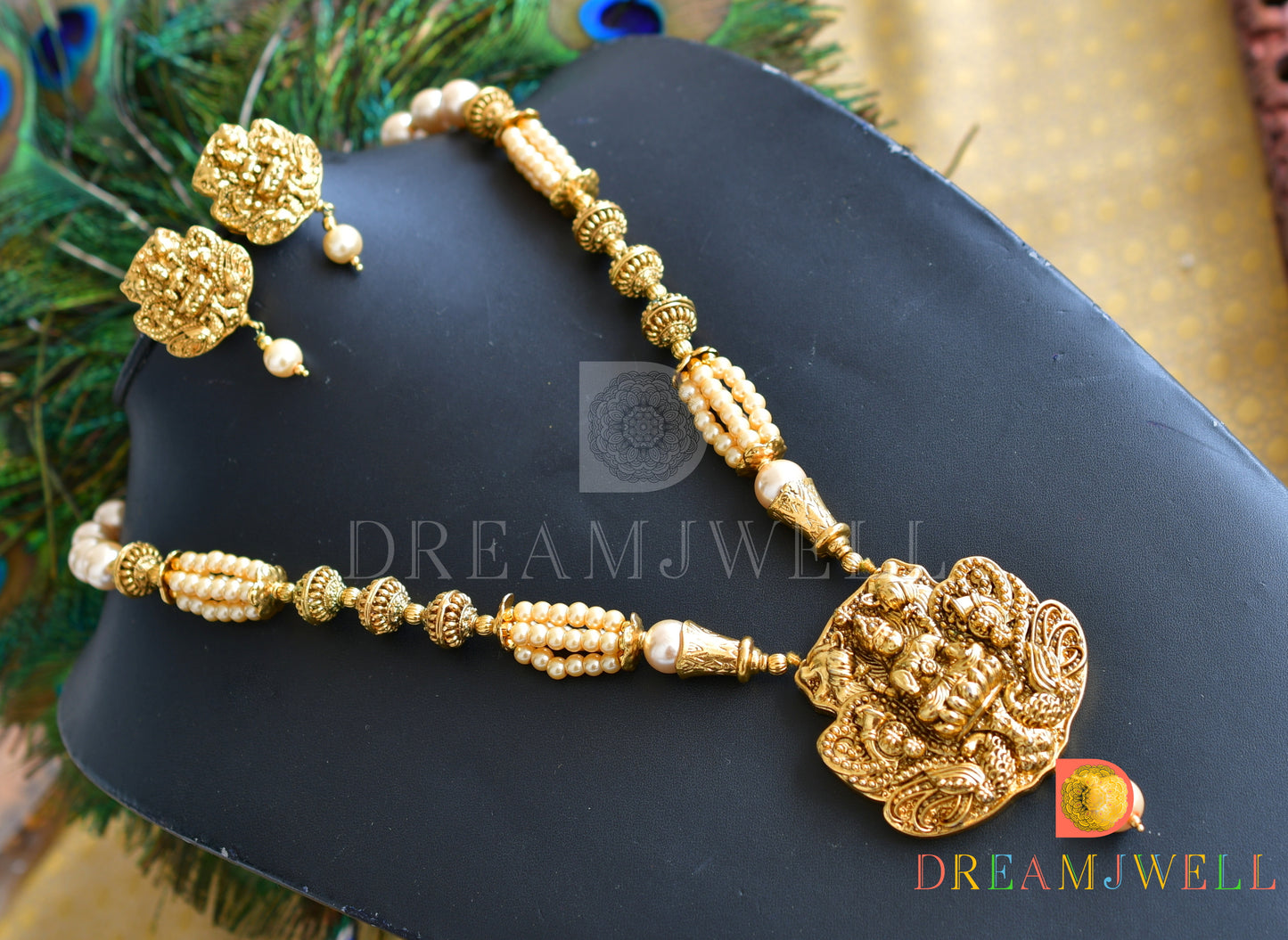 Antique gold tone pearl Lakshmi beaded necklace set dj-06435