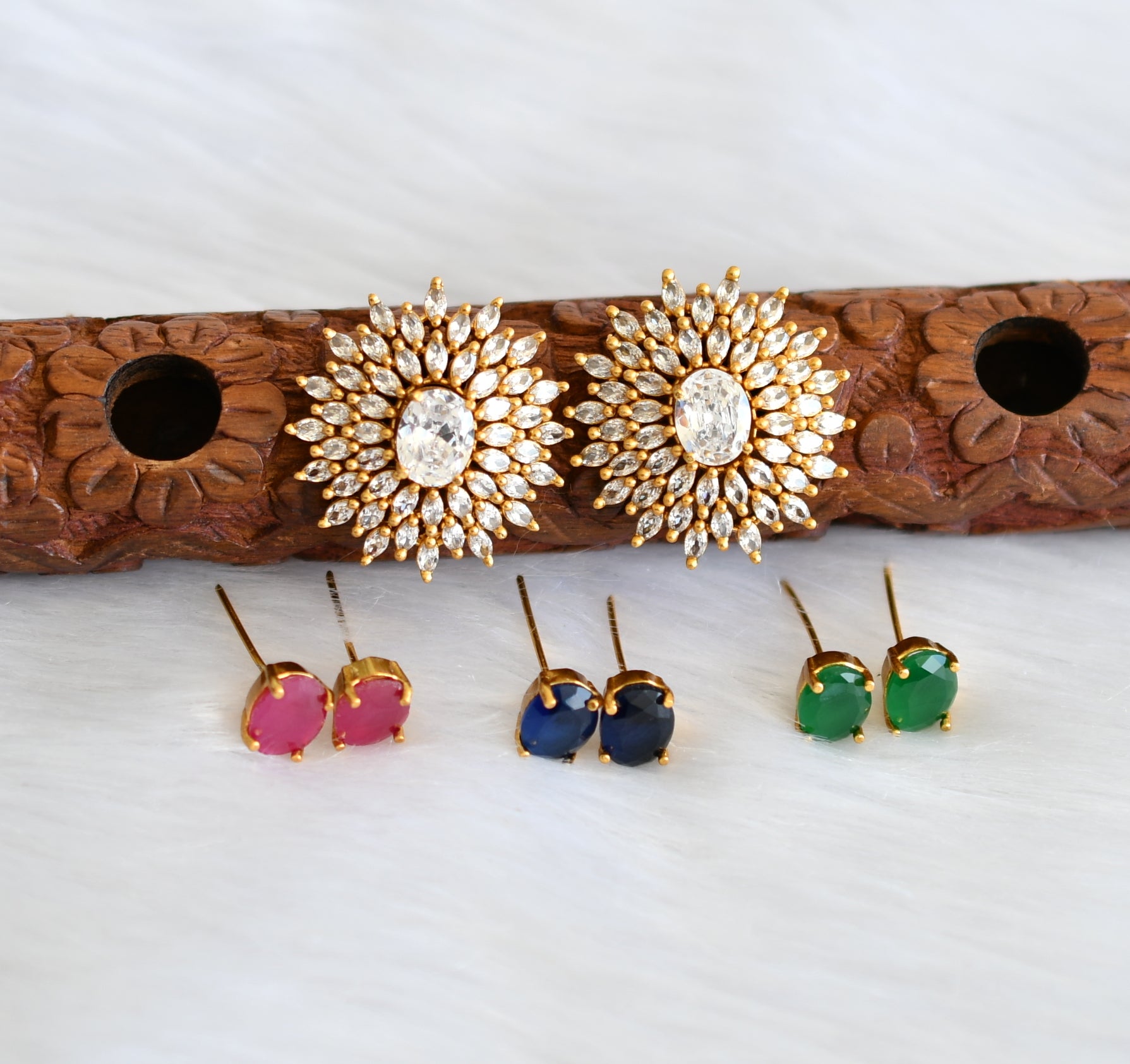 5-in-1 Gold and Diamond Earrings with Interchangeable Emeralds and Rubies