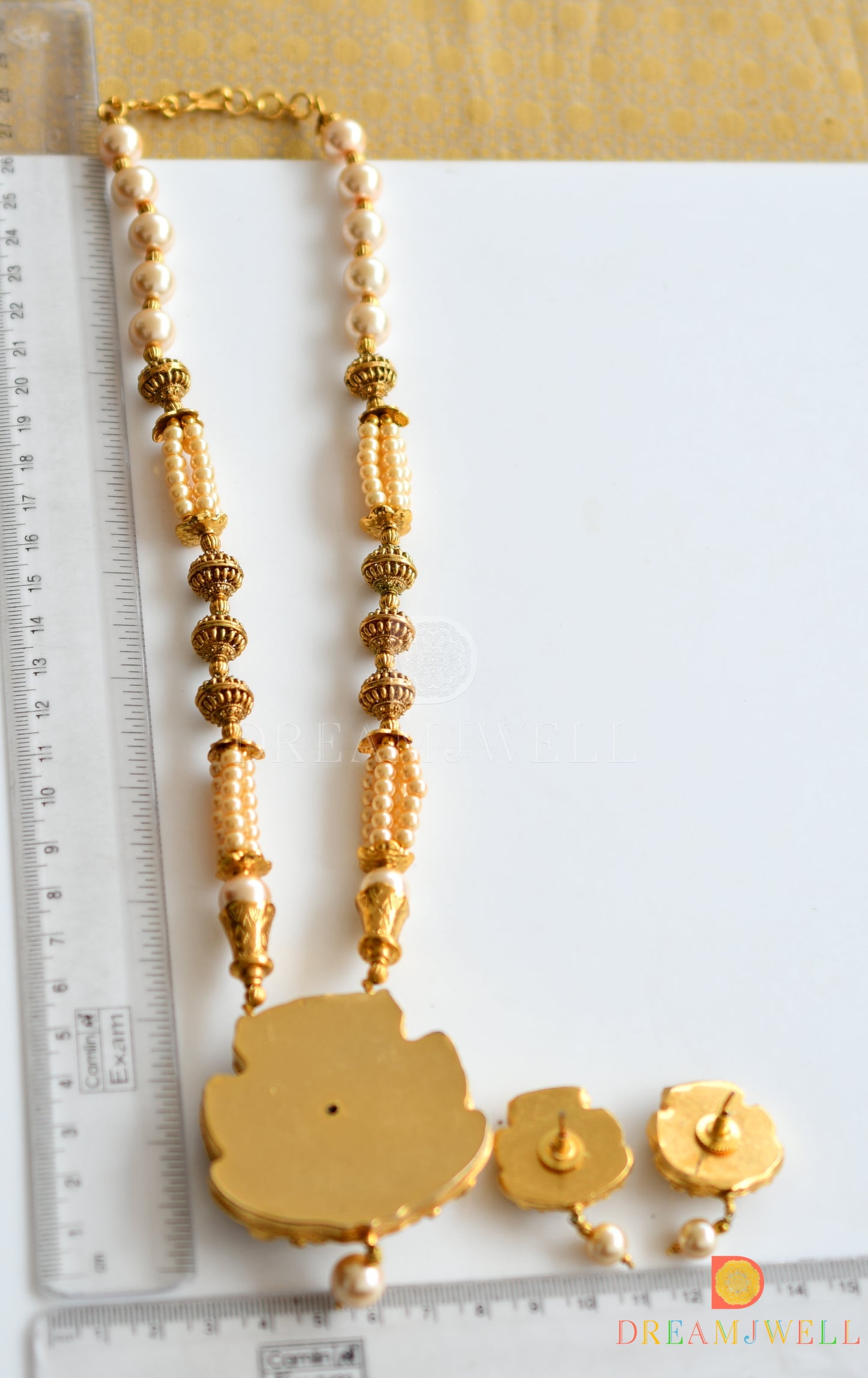 Antique gold tone pearl Lakshmi beaded necklace set dj-06435