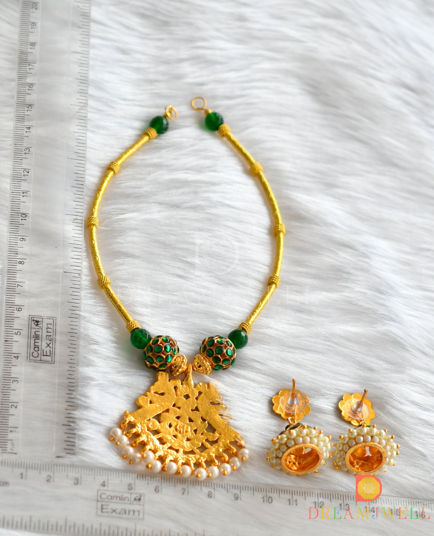 Gold tone green Rudhra ball kemp necklace set dj-18851