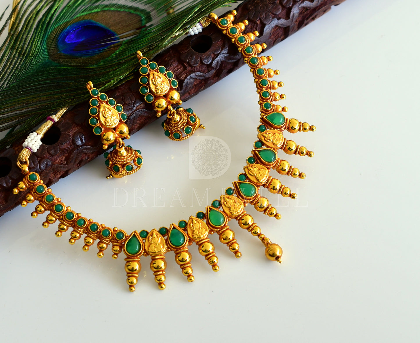 Antique Green Lakshmi Coin Necklace Set-dj17542