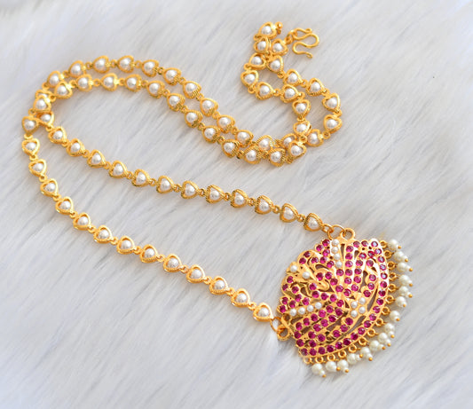 Gold tone ad pink stone south Indian swan pendant  with pearl heart chain dj-40915